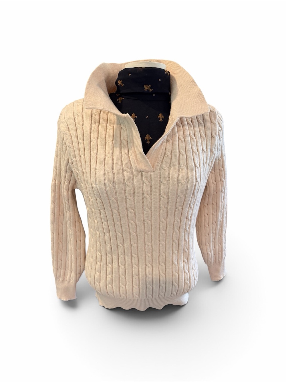 Women's Cream Cable V‑Neck Collared Sweater